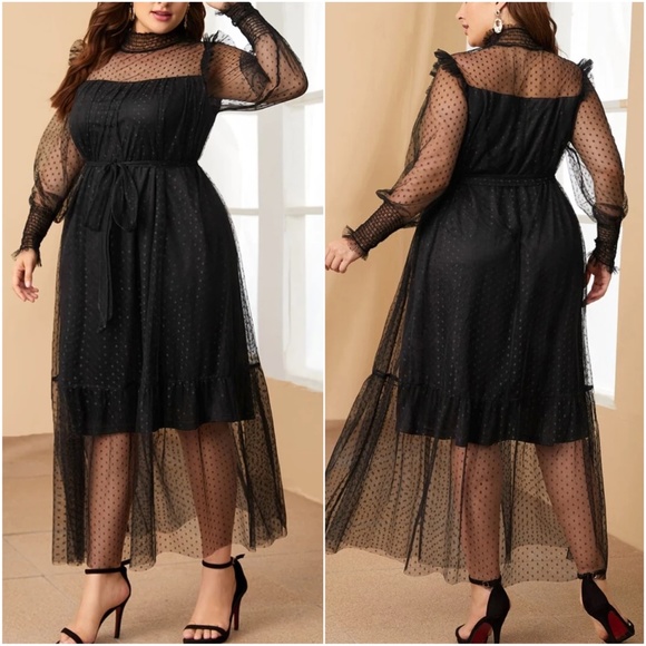 Plus Black Polka Dot Ruffle Evening Formal Maxi Dress - Picture 2 of 4